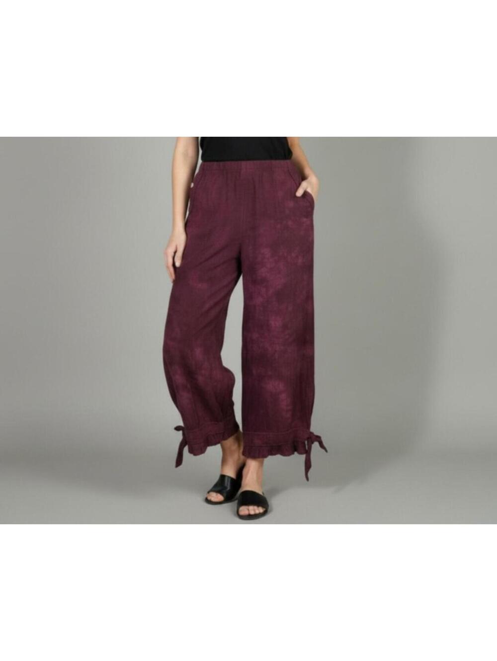 Purple Boho Tie Dye Cotton Gauze Wide Leg Cropped Pants Small Coastal Grandma